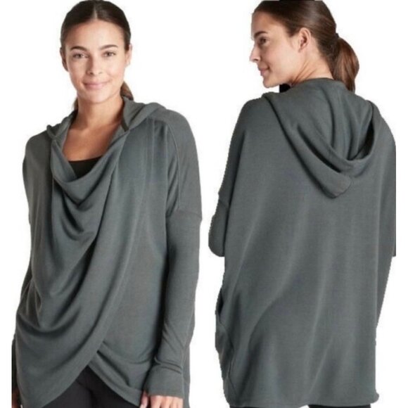 Athleta Tops - ATHLETA Olive Green "Purana" Draped Neck Hooded Women's Wrap Sweatshirt Large